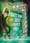 „Tritt ein, die Zeit läuft ab!“ Zwei Kinder, Schlange um Bein, Uhrzeiger, farbenfrohe Illustration., Buch