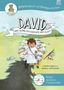 "David und seine Geschichte mit Gott" steht groß auf einem Banner. Illustration zeigt einen Jungen mit Schafen., Buch