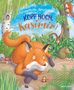 Text: "Kopf hoch, Kasimir!" Ein trauriger Fuchs liegt im Wald. Umgeben von einem Kaninchen, Igel, Eichhörnchen und Pilzen., Buch