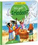 "Wie geht Frieden?" Kinder heben Hände zum Himmel, wo weiße Tauben fliegen. Im Hintergrund Meer und blauer Himmel., Buch