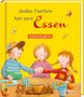 „Jedes Tierlein hat sein Essen“ und „Tischgebete“. Drei Kinder an einem Tisch mit Brot und Besteck. Illustration., Buch