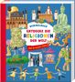 „Wimmelbuch: Entdecke die Religionen der Welt. Was du wissen willst!“ Illustration von religiösen Symbolen und Szenen., Buch