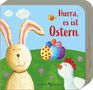 "Logo: Hurra, es ist Ostern. Ein Hase und ein Huhn mit bunten Eiern auf grünem Feld, Schmetterling am Himmel.", Buch