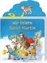 Text: "Wir feiern Sankt Martin". Illustration mit Kindern und Laternen, einem Reiter auf einem Pferd im Schnee, Katze oben., Buch