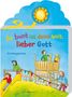 "So bunt ist deine Welt, lieber Gott" und "Kindergebete". Illustration von Kindern auf einem Spielplatz unter einer Sonne., Buch