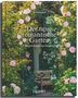 "Der neue romantische Garten: Inspirationen aus England." Eingangstor mit rosa Rosen und grünem Laub umrahmt.