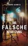 "Die falsche Besetzung, Thriller" von André Schmitz. Theaterbühne mit grellen Scheinwerfern und einer Leiter., Buch