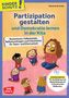 "Partizipation gestalten und Demokratie lernen in der Kita. Basiswissen, Fallbeispiele, Reflexionsfragen und Checklisten." Illustrationen von Kindern und Erwachsenen, die im Kreis auf einem pinken Boden sitzen., 1 Buch und 1 Diverse