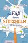 „Zu Fuß durch STOCKHOLM 12 Spaziergänge“ von Claudia Linz. Karte von Stockholm, Symbole von Gebäuden und orange Fußabdrücke., Buch