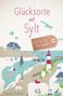 „Glücksorte auf Sylt“, „Fahr hin & werd glücklich“. Illustration von Sylt mit Stränden, einem Leuchtturm, Segelboot und Tieren., Buch