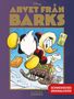 Text: „ARVET FRÅN BARKS“, „SCHWEDISCHES ORIGINALCOVER“. Eine Comic-Illustration einer Ente auf einem Schlitten., Buch