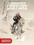 "La Longue Marche de Lucky Luke" oben, "Französisches Originalcover" unten. Szene zeigt Lucky Luke im Schnee auf einem Pferd., Buch