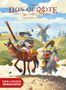 „Don Quixote“ oben, „Englisches Originalcover“ unten. Illustration: Ente auf Pferd, Ente auf Esel, Windmühle im Hintergrund., Buch