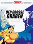 "Der große Graben" von Albert Uderzo. Asterix mit Flügelhelm schaut nachdenklich, Silhouette eines Paares im Hintergrund., Buch