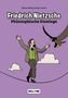 "Friedrich Nietzsche: Philosophische Einstiege" steht oben. Illustration: Nietzsche balanciert mit einem Adler auf einem Seil., Buch