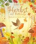 Text: "Ester Tome Herbst mit Pettirosso, illustriert von Giulia Dragone". Illustration: Ein Vogel fliegt über bunte Herbstblätter und Pilze., Buch