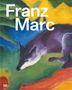 Oberhalb: "Franz Marc". Unten: Ein Gemälde mit einem liegenden, violetten Tier auf buntem, abstraktem Hintergrund., Buch