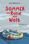Titel: "Sommer am Rand der Welt", Julia Willmann. Illustration: Kind auf Luftmatratze, roter Stiefel daneben., Buch