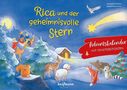 „Rica und der geheimnisvolle Stern“. Illustration mit tieren im Schnee und Magiern auf Kamelen, Weihnachtsbaum, Stern.