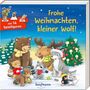 "Frohe Weihnachten, kleiner Wolf!", "mit 14 Spielfiguren". Bunte Tiere mit Winterkleidung um einen Weihnachtsbaum., Buch