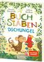 "Buchstaben-Dschungel" von Ursula Poznanski. Ein Affe und ein Papagei in einem bunten Dschungelszenario., Buch