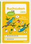 "Buchstaben üben" steht oben, darunter "Schulstart". Zwei bunte Papageien und Früchte auf gelbem Hintergrund.