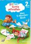 „Fit für... Richtig schreiben“, „2. Klasse“, „Mein 5-Minuten-Block“. Zwei Affen mit Papierfliegern auf einer Wiese.