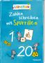 „Zahlen schreiben mit Spurrillen“, bunte Illustrationen von Mäusen mit Käse und Würfeln auf blauem Hintergrund.