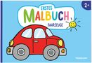 Text "Erstes Malbuch Fahrzeuge", Illustration mit rotem Auto und lächelnder Sonne auf blauem Hintergrund. Geeignet ab 2+., Buch