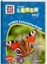 "Was ist was", "Erstes Lesen easy!", "Unsere Schmetterlinge". Ein Pfauenauge sitzt auf lila Blüte, grüner Hintergrund., Buch