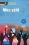 Text „Nina geht“, „Sprachwelten“, „4 Kurzgeschichten“, „circon“. Silhouetten tanzender Menschen vor buntem Hintergrund., Buch