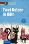 „Zwei Katzen in Köln“, Illustration: Zwei schwarze Katzen vor Kölner Dom, blau-gelber Hintergrund, „circon“-Logo.