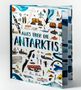 "Alles über die Antarktis" in blauen Buchstaben. Illustrationen von Tieren, Menschen, Schneefahrzeugen und einem roten Bus., Buch