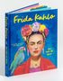 „Frida Kahlo“, „Das Pop-Up Buch“, bunte Illustration mit Frida Kahlo und Papagei, Blumen im Haar., Buch