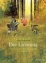 Text: "Britta Teckentrup, Die Lichtung. Eine Geschichte über Gemeinschaft und Ausgrenzung." Tiere auf Stühlen im Wald., Buch