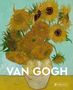 "VAN GOGH" in großen weißen Buchstaben. Illustration: Sonnenblumen in einer Vase auf türkisfarbenem Hintergrund., Buch