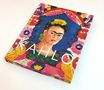 Text: "KAHLO". Illustration von Frida Kahlo mit bunten floralen Mustern., Buch