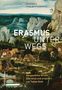 Titel "ERASMUS UNTERWEGS". Malerische Landschaft mit mittelalterlicher Stadt und grünen Hügeln., Buch