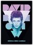 „David Bowie Official 2023 Calendar“. Porträt eines androgynen Stars mit auffälliger Frisur, umgeben von geometrischen Formen.