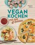 "VEGAN KOCHEN mit nur 4 Zutaten" in großen Buchstaben. Darunter Gerichte auf Tellern: Energy Balls, knuspriges Gemüse und Pizza., Buch