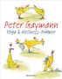 „Peter Gaymann: Yoga & Wellness-Hühner“ in roter und blauer Schrift. Illustrationen von Hühnern beim Yoga.