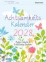 "Achtsamkeitskalender 2028. Ruhe, Glück & Erfüllung finden." Bunte Schmetterlinge und Blumenillustration.