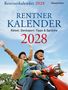 „Rentner Kalender 2028: Rätsel, Denksport, Tipps & Sprüche.“ Ein Paar fröhlich auf einem roten Roller unter blauem Himmel.