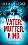 "VATER. MUTTER. KIND." - Titel eines Psychothrillers. Zeigt ein isoliertes Haus auf einem Hügel über nebliger Küste., Buch