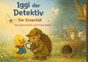 "Iggi der Detektiv: Der Entenfall. Eine Geschichte von Frank Müller." Ein Igel mit Lupe und Ente im Wald, Tiere im Hintergrund., Buch