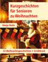 Titel: "Kurzgeschichten für Senioren zu Weihnachten". Autor: Henja Holm. Unten: "32 Weihnachtsgeschichten • Großdruck". Ein Weihnachtsmann kniet vor einem Kamin mit hängenden Socken, daneben ein Spielzeugzug., Buch