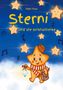 "Sterni und die Kristallreise" zeigt einen lächelnden, sternförmigen Charakter mit Rucksack und Schal auf einem blauen Hintergrund., Buch