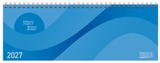 „1 Woche / week, 2 Seiten / pages, 2027“ auf blauem Hintergrund mit geschwungenen Linien und Spiralbindung., Kalender
