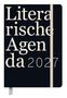 Text: "Literarische Agenda 2027". Ein elegantes Notizbuch mit dunklem Cover und heller Aufschrift sowie einem Verschlussband.