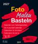 2027, Foto Malen Basteln, Kalender zum Selbstgestalten in buntem, modernem Design mit rotem Hintergrund.